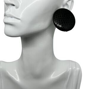 Vintage Black Snakeskin Leather Circle Disc Stud Earrings Statement Bold Fashion